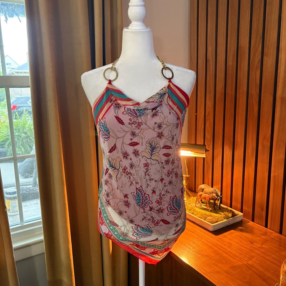 Majora Pink Floral Scarf Halter Top Gold Chain Neck Handkerchief Hem OS TM5306